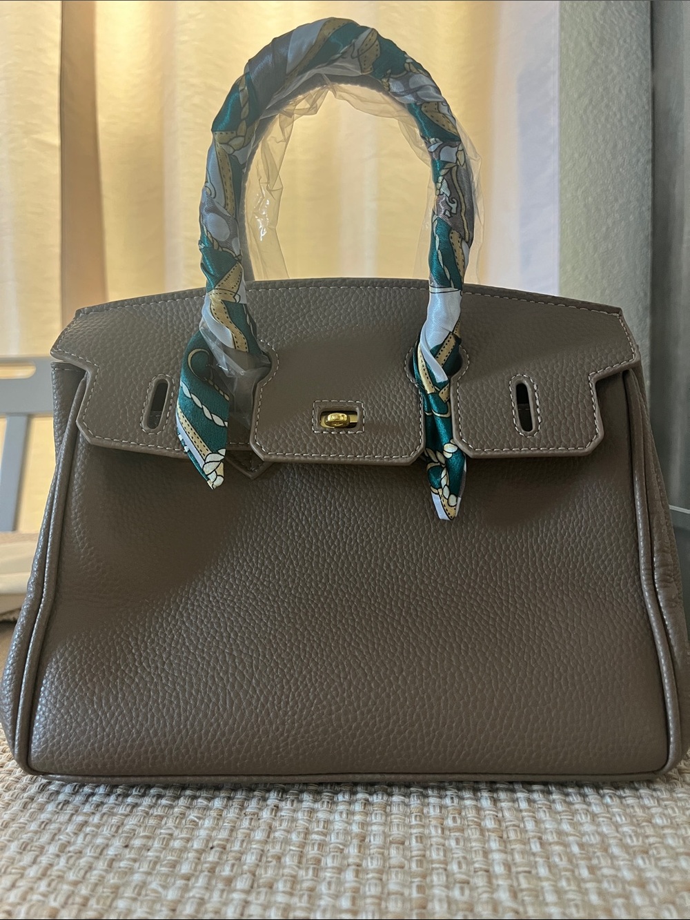 Neutral Taupe Pebbled Top-Handle Satchel with Scarf-Wrapped Handles